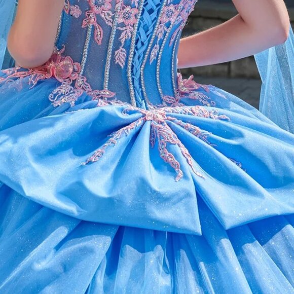 New Layered Bahama Blue Off The Shoulder Quinceanera Gown w/ Lace up Back GL3708 - Picture 11 of 13